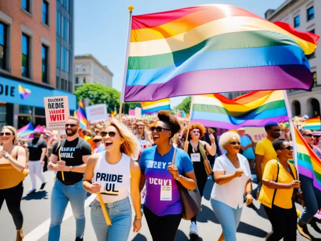 Marcha del orgullo LGBTIQ+ con activistas y miembros de la comunidad, mostrando avances leyes antidiscriminación comunidad LGBTIQ+