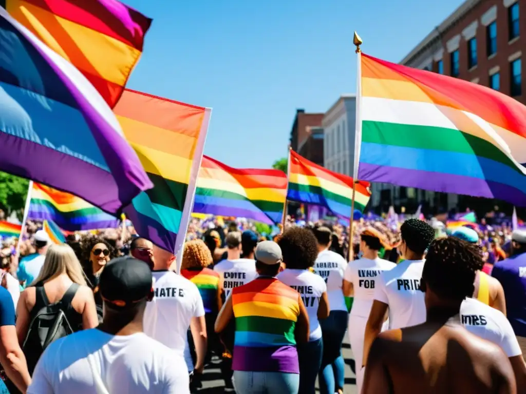 Marcha del orgullo con banderas arcoíris y pancartas en apoyo a los derechos LGBTQ+
