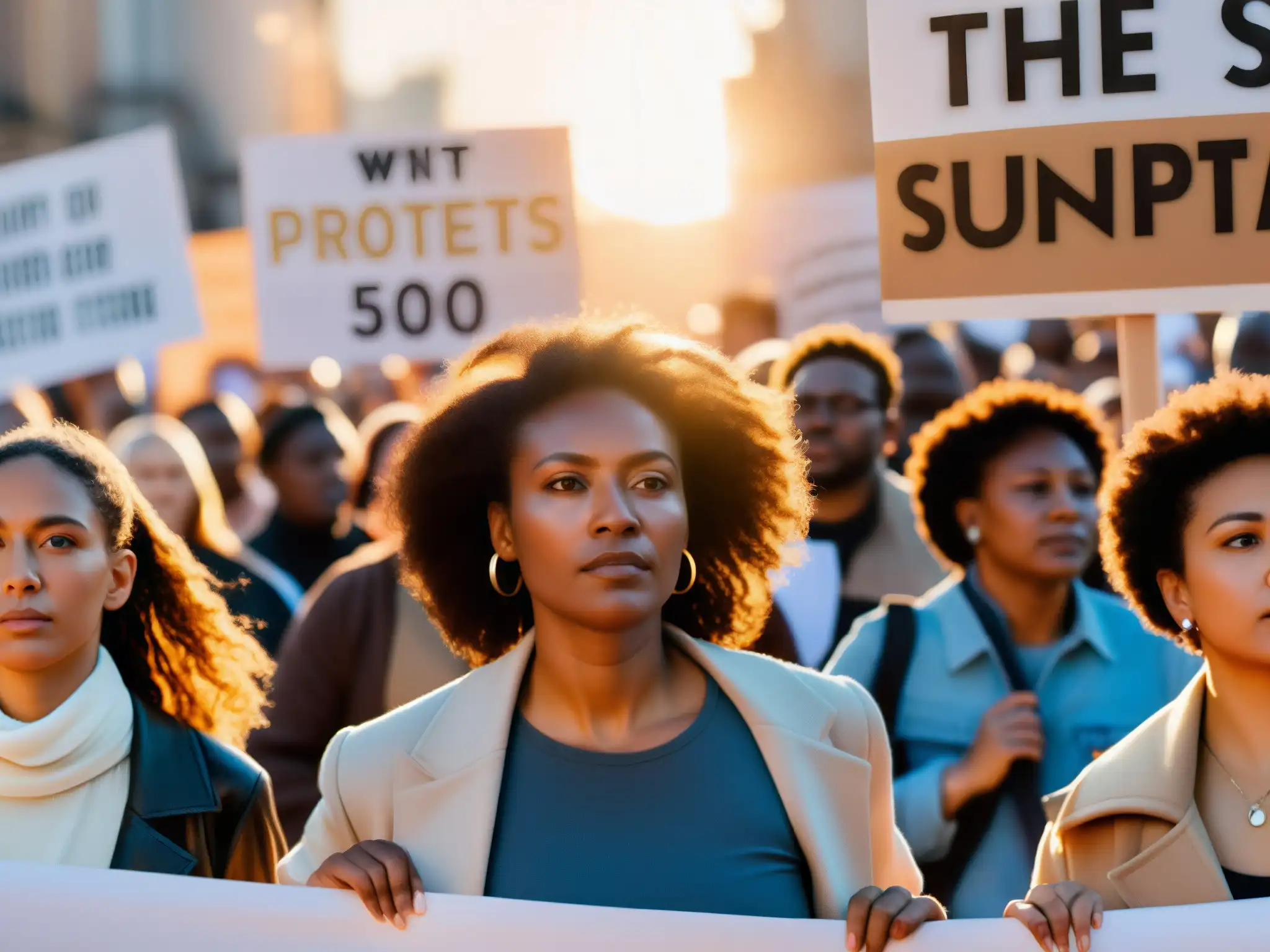 Una marcha de protesta con pancartas y rostros determinados, reflejando la lucha global contra el racismo y por los derechos humanos