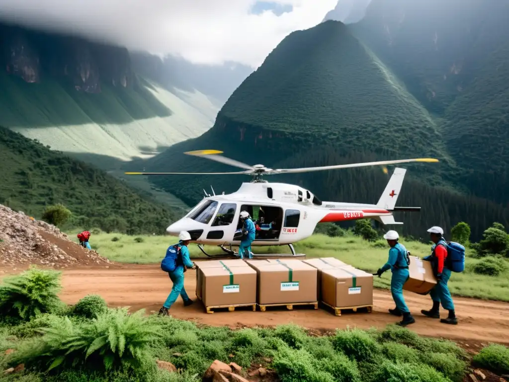 Atención médica en zonas hostiles: Trabajadores en equipo descargan suministros médicos de un helicóptero en una región montañosa remota y desafiante