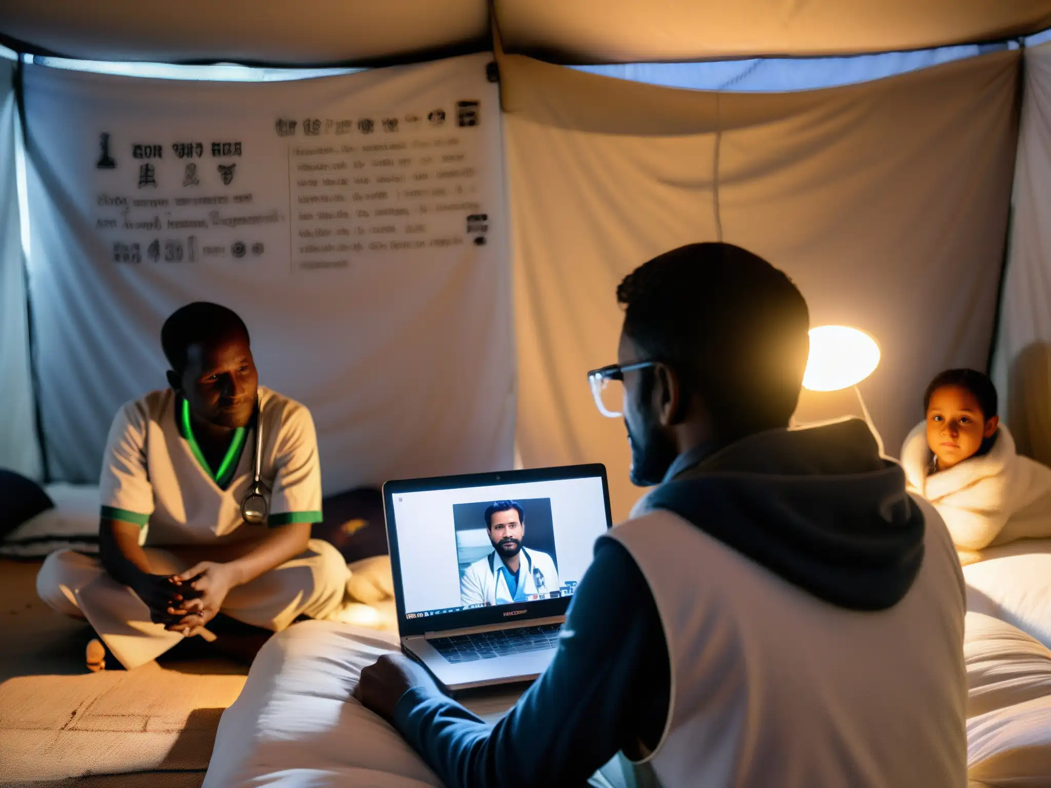 Un médico en una consulta de telemedicina con un refugiado en una zona de guerra, brindando esperanza en medio del conflicto