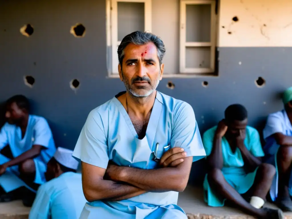 Un médico exhausto atiende a pacientes en un campamento médico improvisado en medio de una crisis humanitaria por conflictos