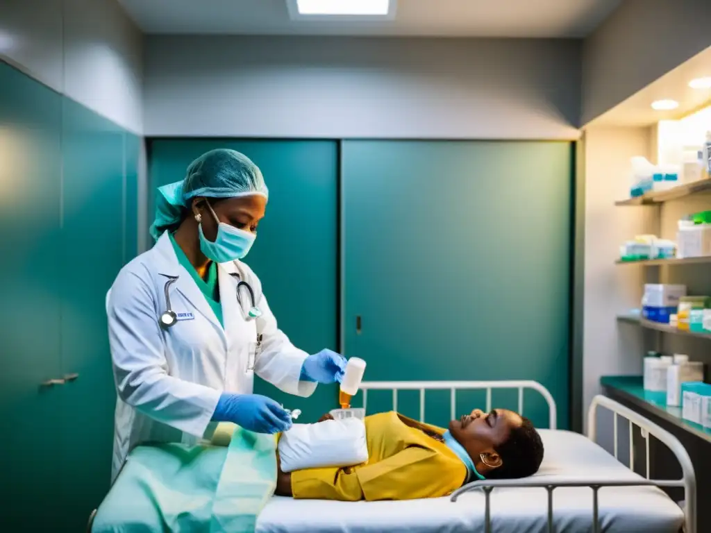 Un médico en traje de protección administra medicamentos a un paciente en un hospital abrumado durante una pandemia, destacando el acceso a medicamentos en pandemias