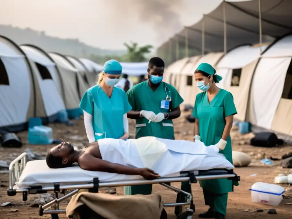 Equipo médico lucha por salvar vidas en zona de guerra Médicos y enfermeras en un hospital de campaña en zona de guerra, tratando heridos entre el caos y destrucción