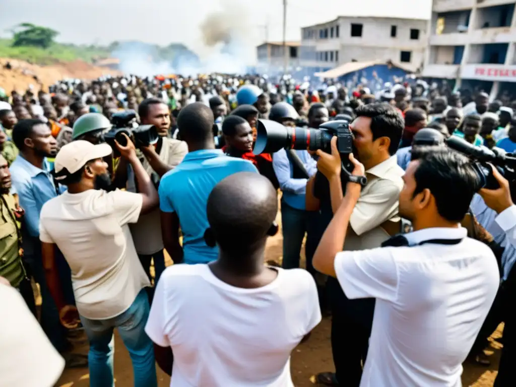 Medios de comunicación para la paz: Periodistas y fotógrafos documentando una manifestación por la paz en una región devastada por la guerra, capturando la determinación y esperanza de la comunidad local