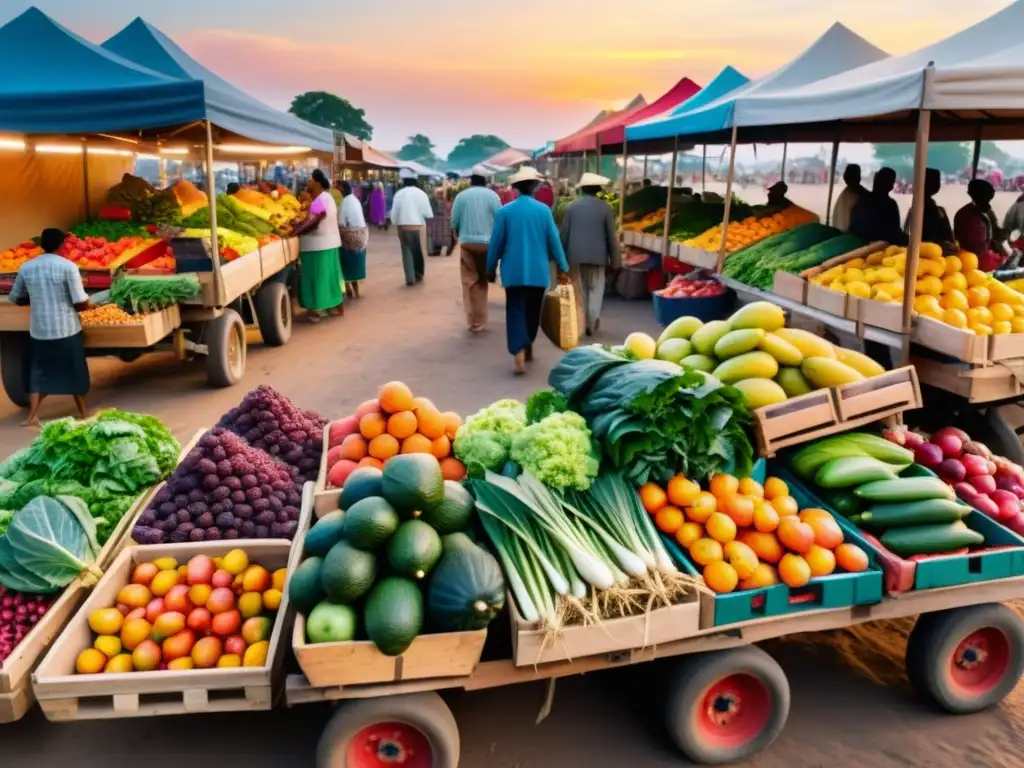 Mercado bullicioso al atardecer con frutas y verduras coloridas en carritos de madera