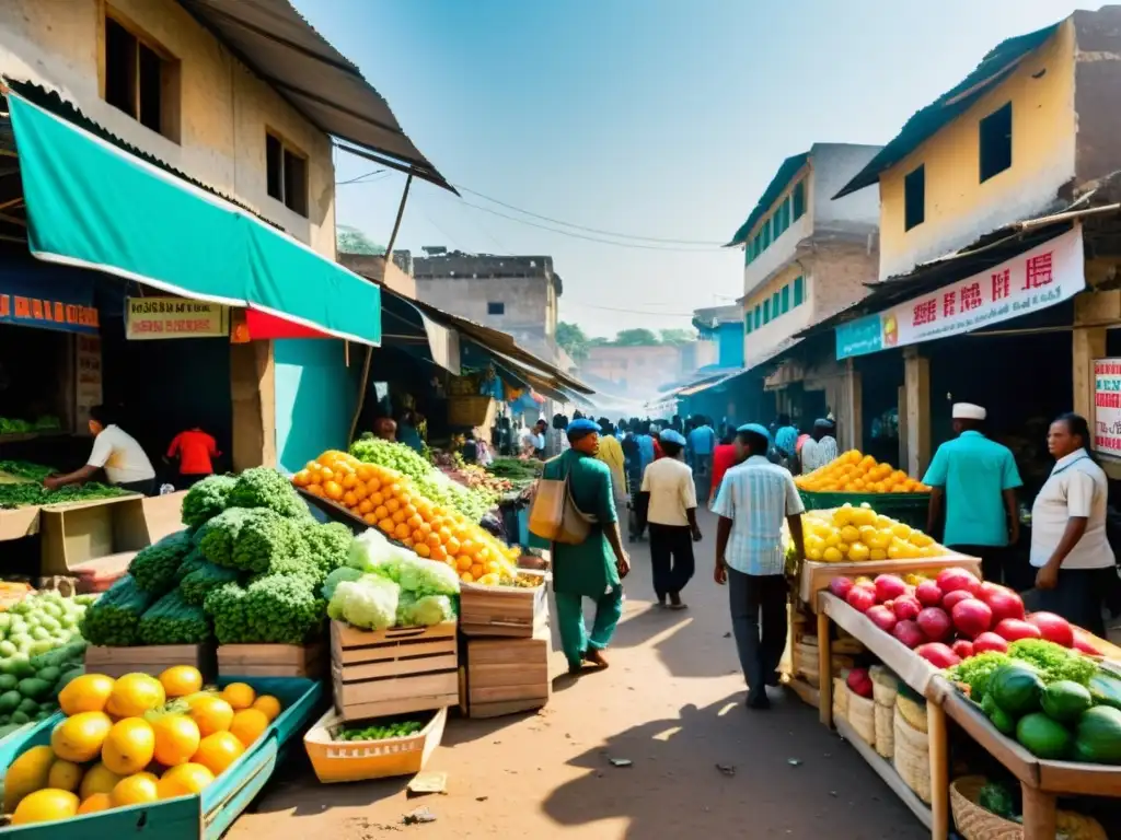 Mercado bullicioso en economía postconflicto, con vendedores y clientes negociando precios entre frutas y verduras