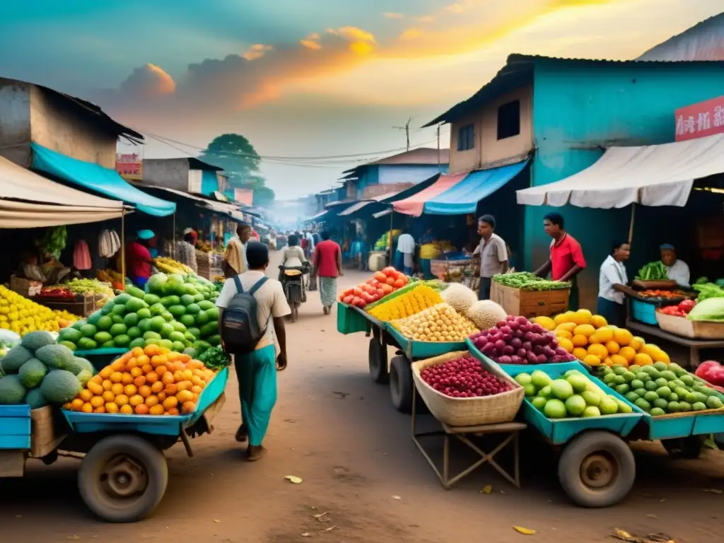 Mercado bullicioso en un país en desarrollo, vendedores callejeros ofrecen frutas y verduras coloridas, bajo un cielo brumoso