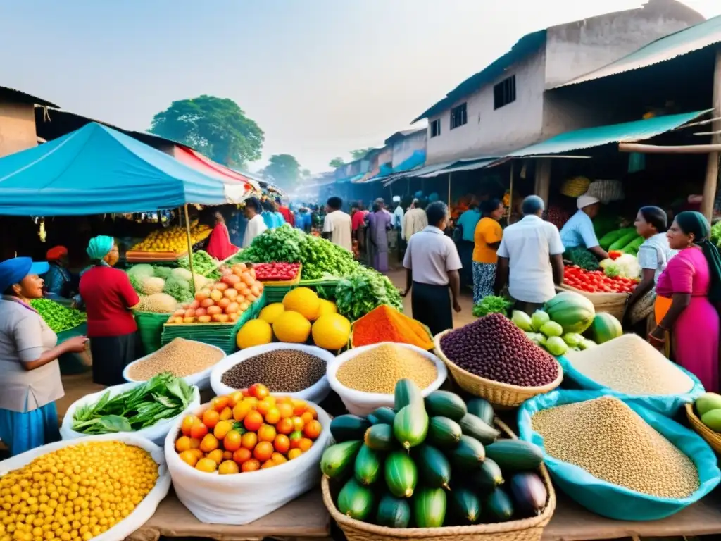 Mercado bullicioso en un país en desarrollo, con puestos coloridos rebosantes de frutas, verduras y granos frescos