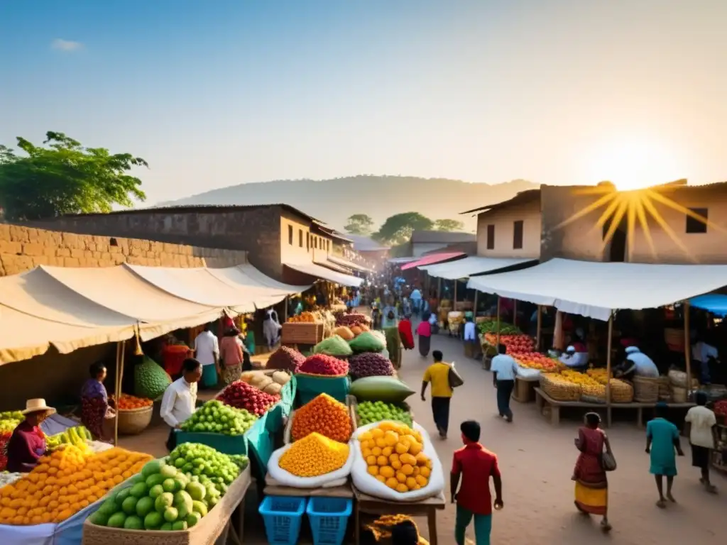 Un mercado bullicioso en un país en desarrollo, con vendedores ofreciendo frutas coloridas, artesanías y textiles