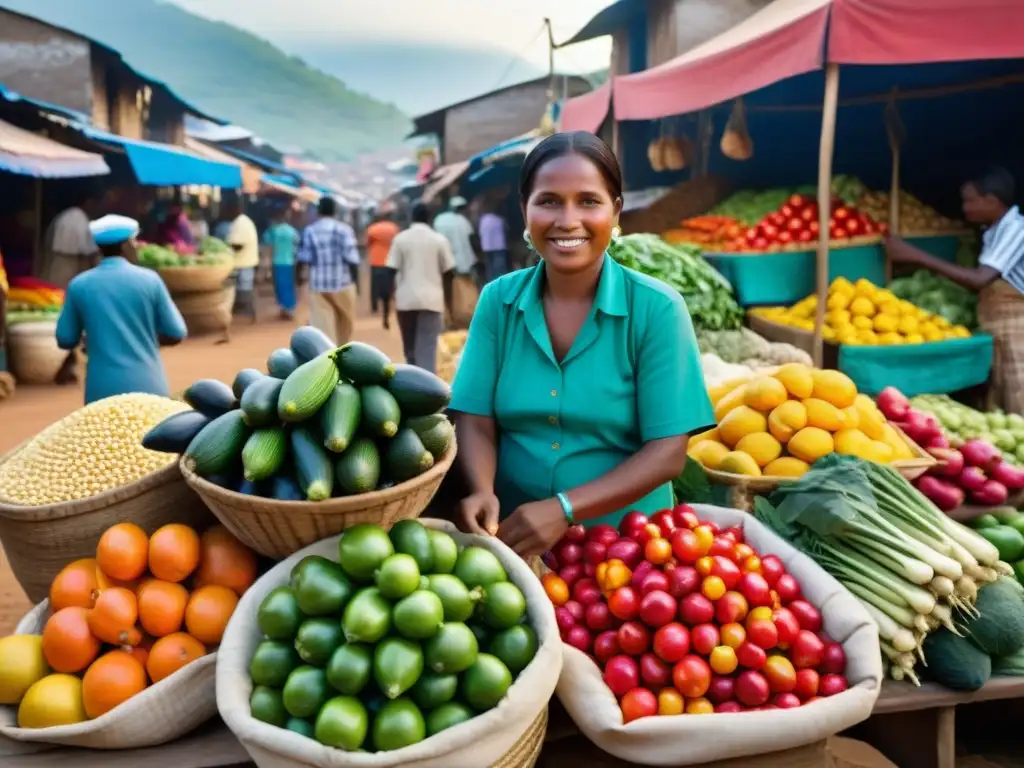 Mercado bullicioso en un país en desarrollo, con vendedores de frutas y verduras coloridas, artesanos locales creando manualidades tradicionales