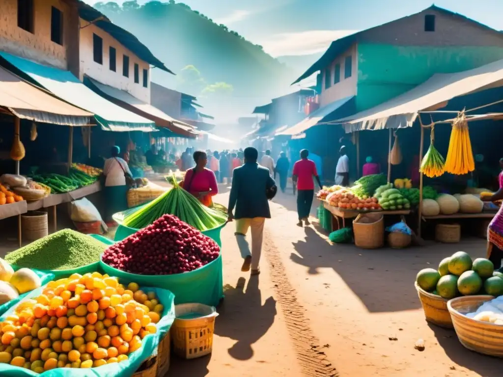 Mercado bullicioso en un país en desarrollo, con vendedores y frutas y verduras coloridas, mientras locales y turistas exploran la escena vibrante