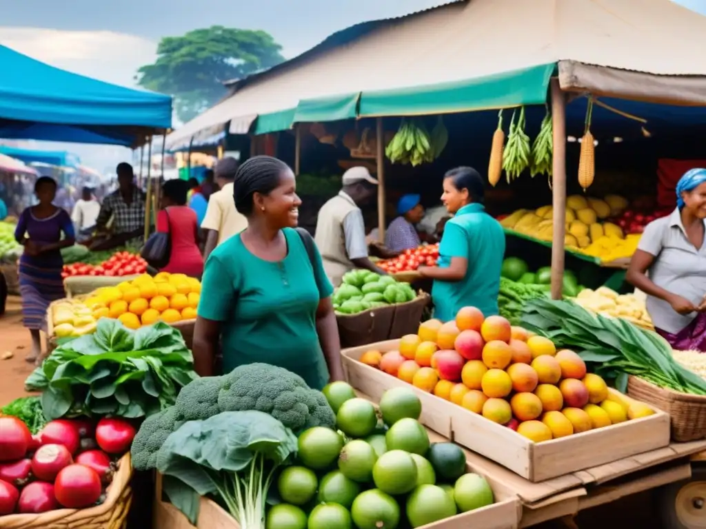 Un mercado bullicioso en un país en desarrollo, con vendedores y clientes de diversas culturas, reflejando la vibrante cultura alimentaria local