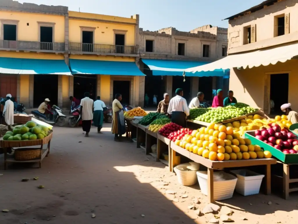 En un mercado bullicioso de un país postconflicto, vendedores ofrecen frutas y artesanías