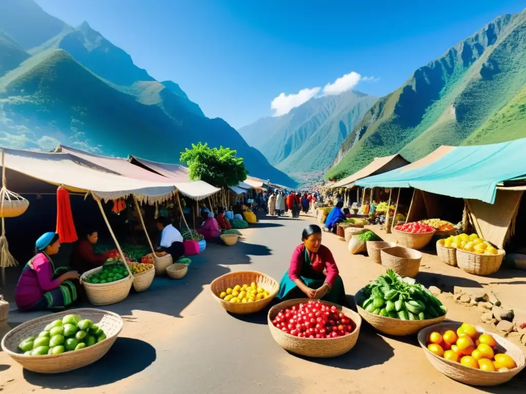 Mercado bullicioso en un pueblo remoto, colores vibrantes y textiles tradicionales