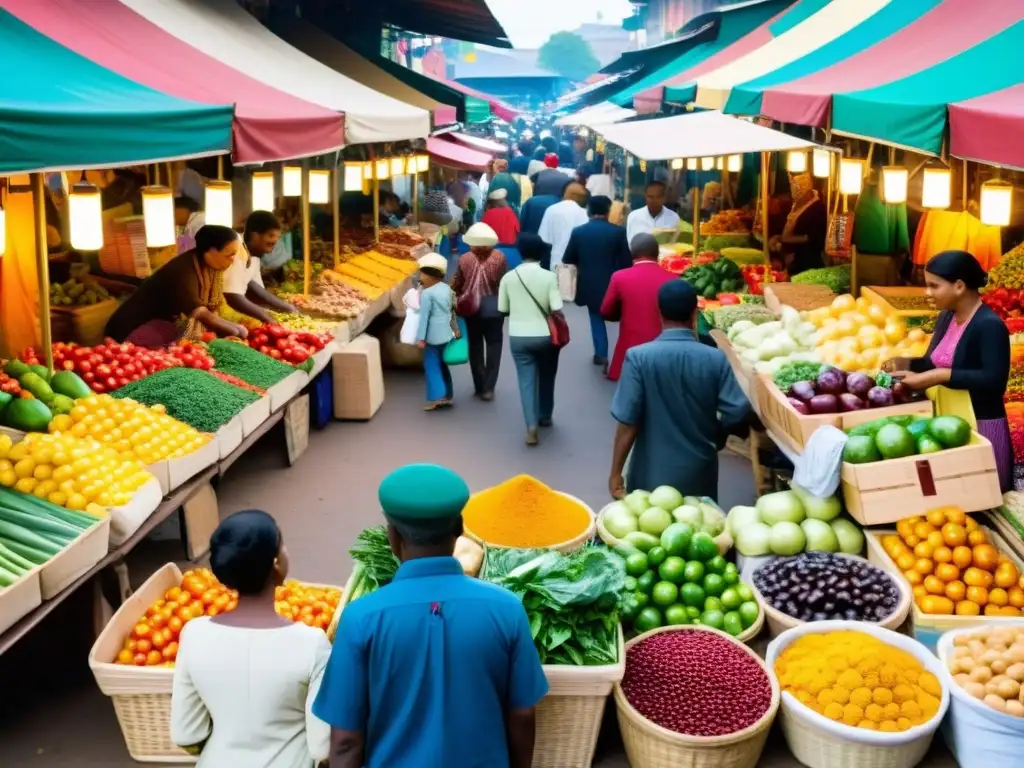 Un mercado bullicioso donde vendedores de diversas culturas ofrecen sus productos, mientras personas de distintas etnias y clases sociales interactúan