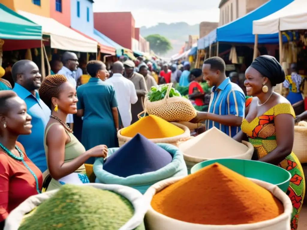 Un mercado bullicioso en una vibrante ciudad africana, con intercambios culturales y comerciales entre personas de diferentes orígenes