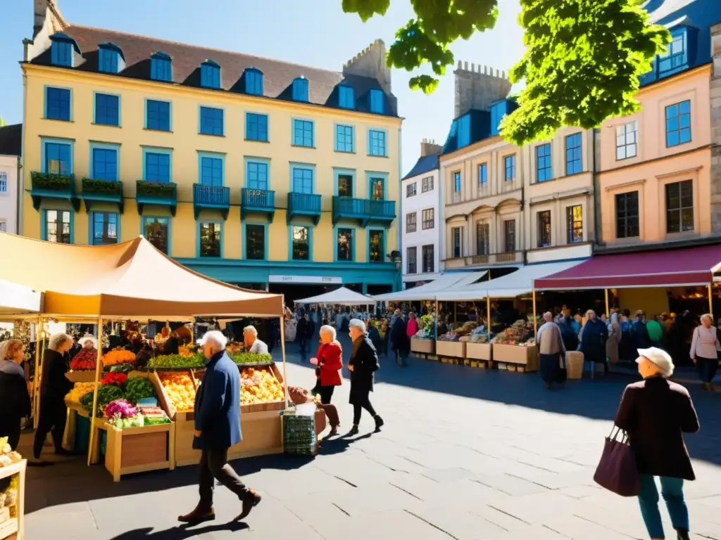 Mercado comunitario en plaza urbana, con diversidad de personas, puestos coloridos y actividades callejeras, reflejando convivencia en espacios urbanos postconflicto