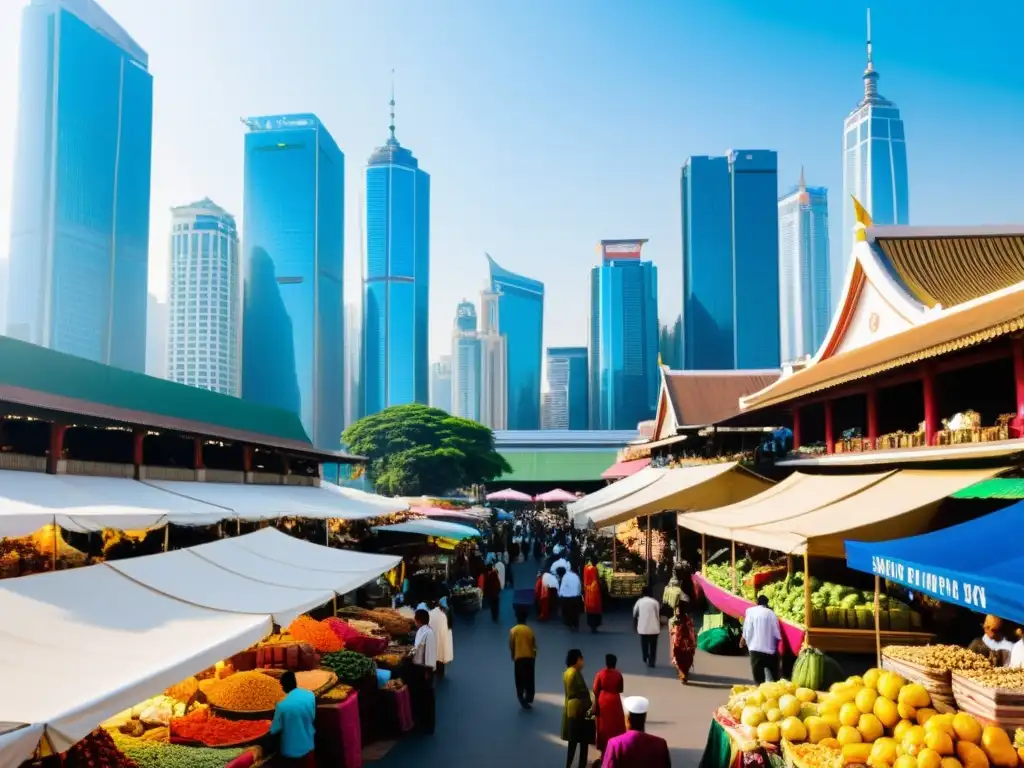 Mercado tradicional bullicioso en una ciudad vibrante, con diversidad cultural y el impacto de la globalización en la diversidad cultural