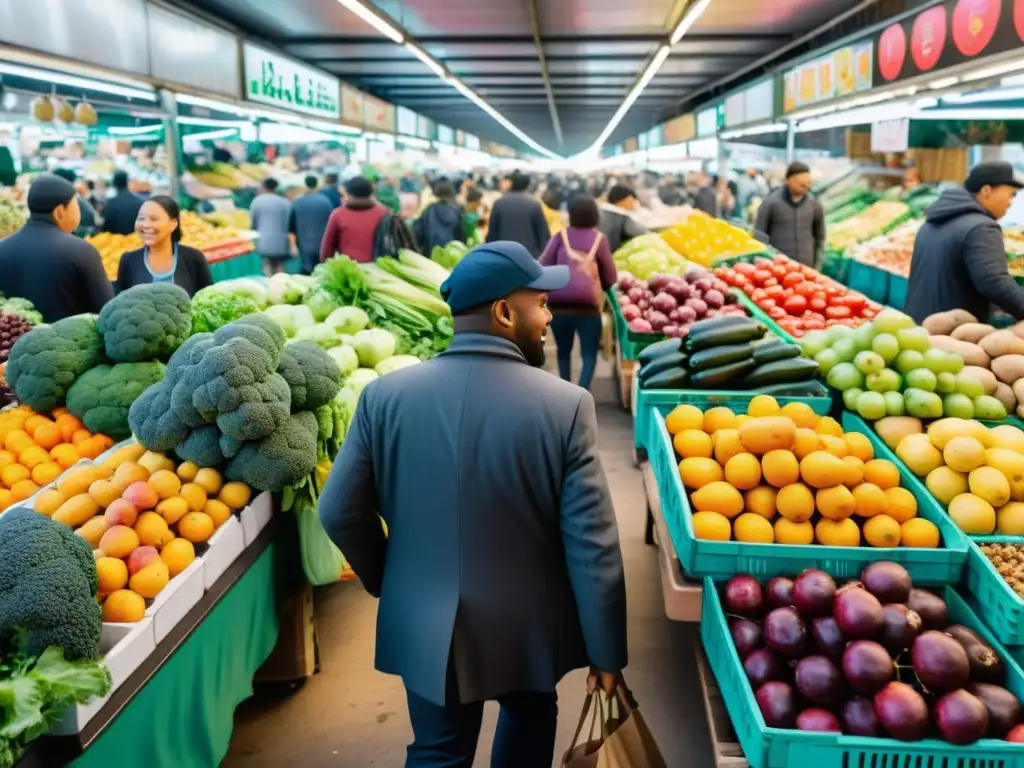 Mercado urbano bullicioso con variedad de alimentos y personas, representando el derecho a una alimentación adecuada