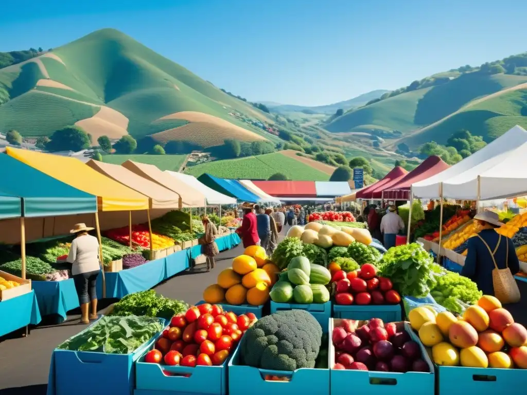 Un mercado agrícola vibrante y bullicioso con frutas y verduras frescas, gente diversa y un cielo azul y colinas al fondo