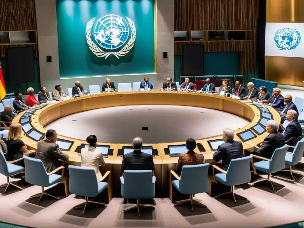 Una mesa redonda en la Asamblea de la ONU, personas de distintas culturas intercambian ideas