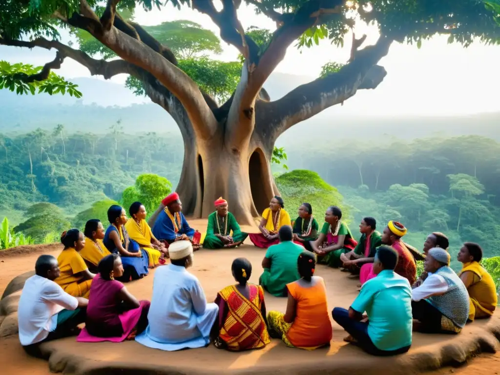 Miembros de la comunidad Saramaka participan en una consulta bajo un árbol ancestral, en la selva, en una atmósfera serena y respetuosa