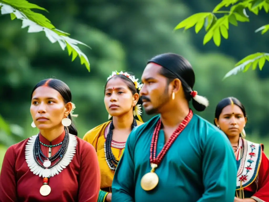 Miembros de la Comunidad Xákmok Kásek discuten derechos humanos en ceremonia tradicional, rodeados de naturaleza exuberante