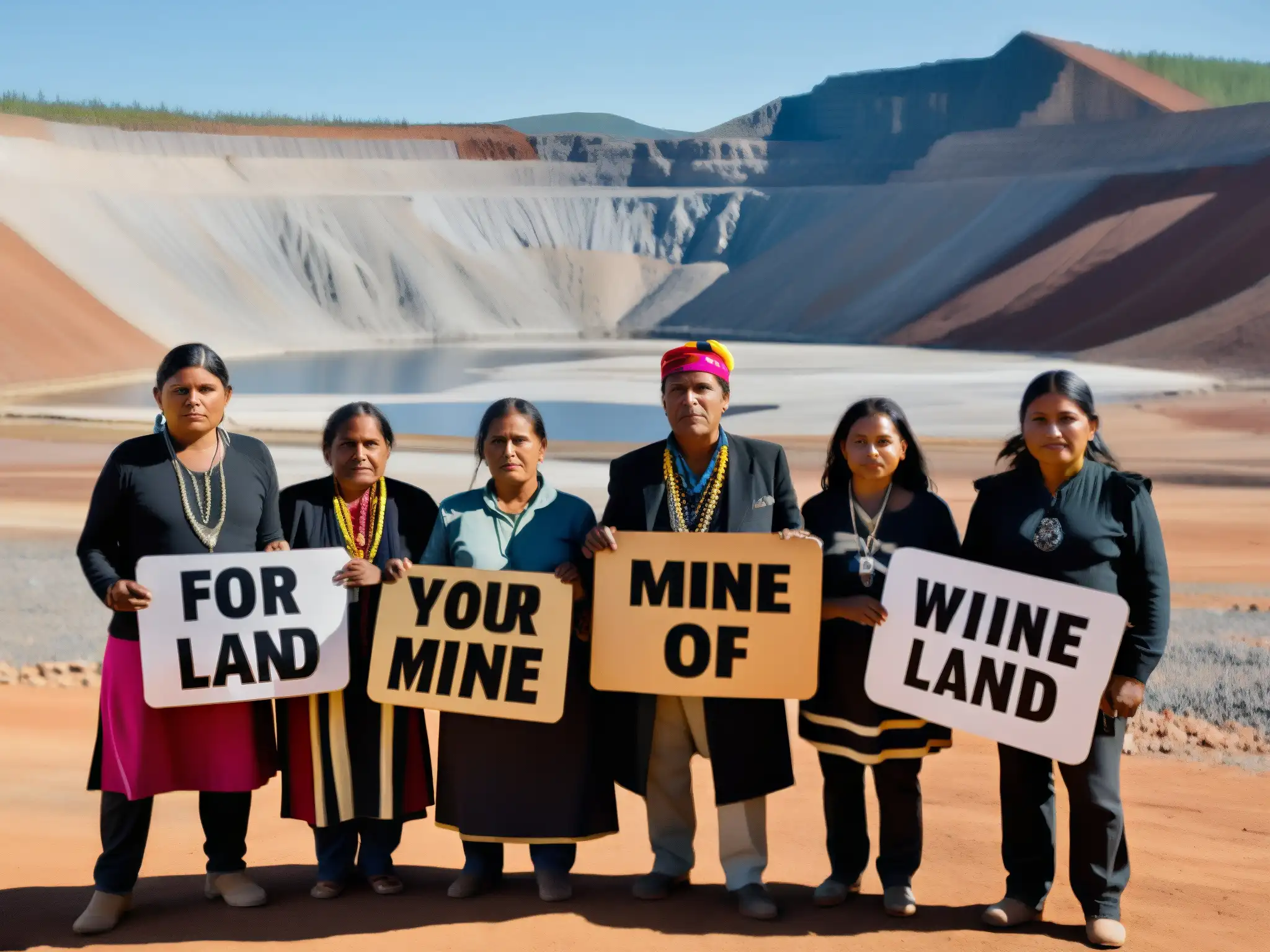 Miembros de comunidad indígena frente a mina, con pancartas luchando por sus derechos y tierras