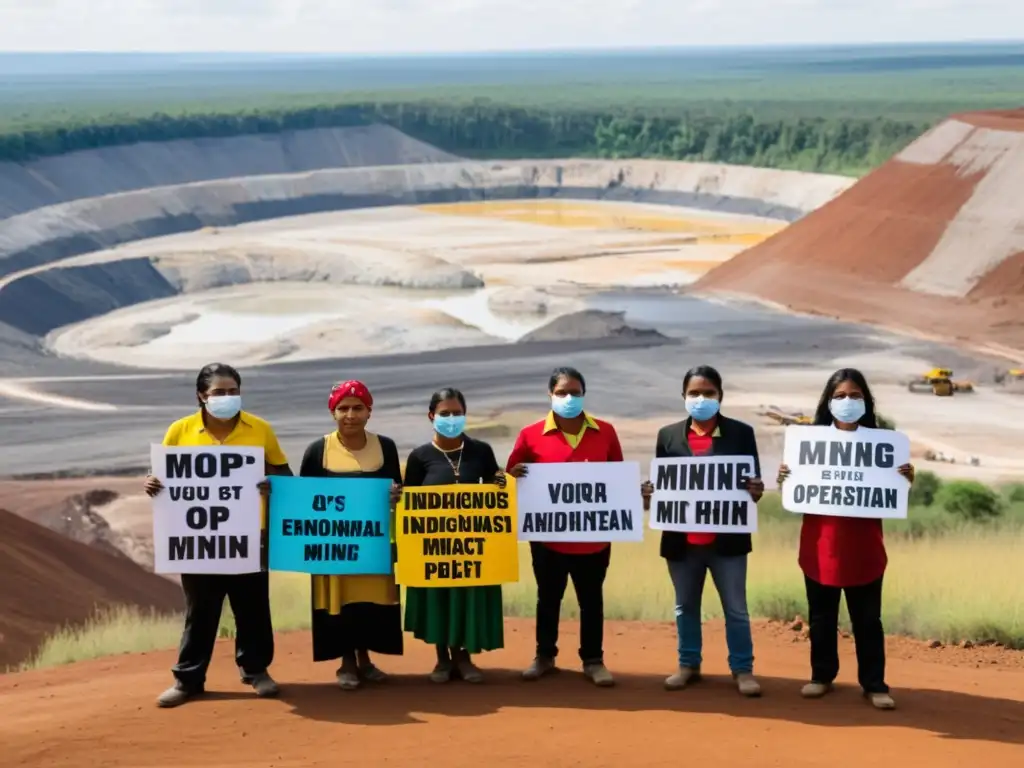 Miembros de comunidad indígena protestan contra impacto de la minería en derechos humanos, en contraste con paisaje natural y maquinaria industrial