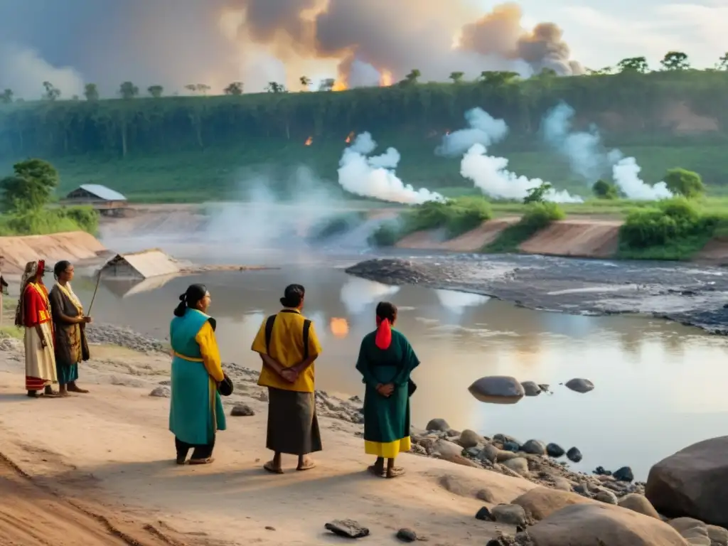 Miembros de la comunidad indígena observan el río contaminado por ChevronTexaco en Ecuador, con impacto en el entorno natural