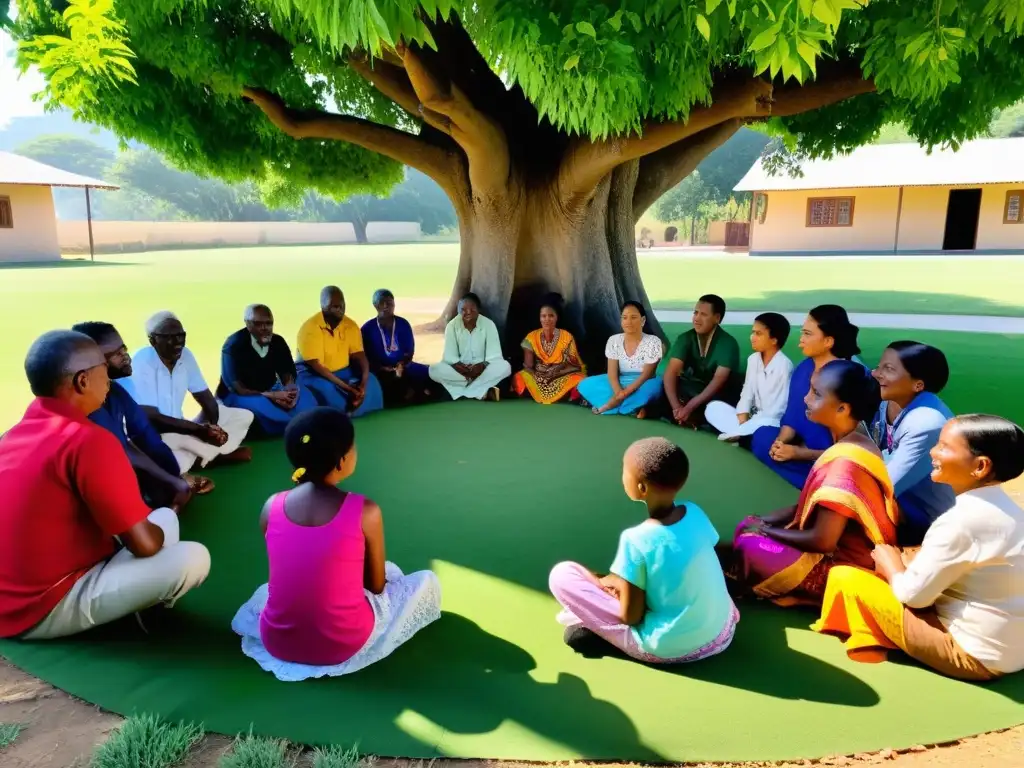 Miembros diversos de la comunidad colaboran bajo un árbol, reflejando la convivencia pacífica en iniciativas comunitarias