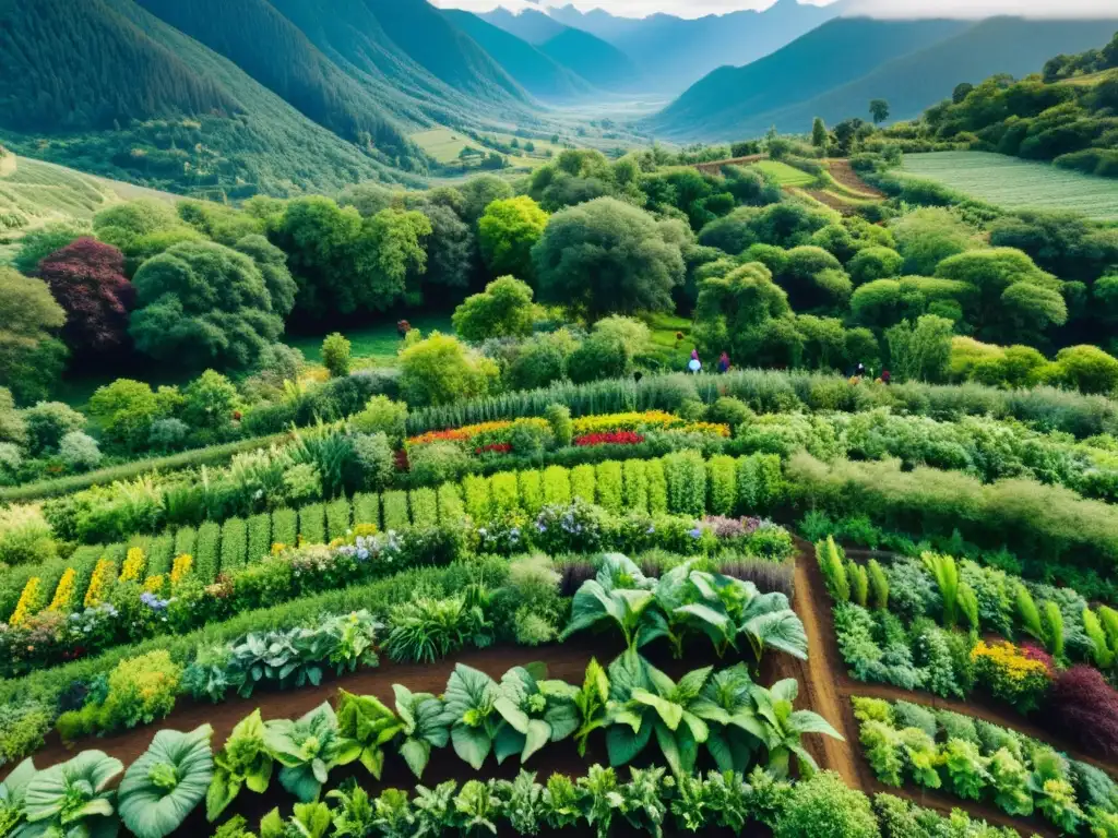 Miembros de movimientos indígenas en comunión con la tierra, cosechando en un jardín comunitario biodiverso rodeado de naturaleza exuberante