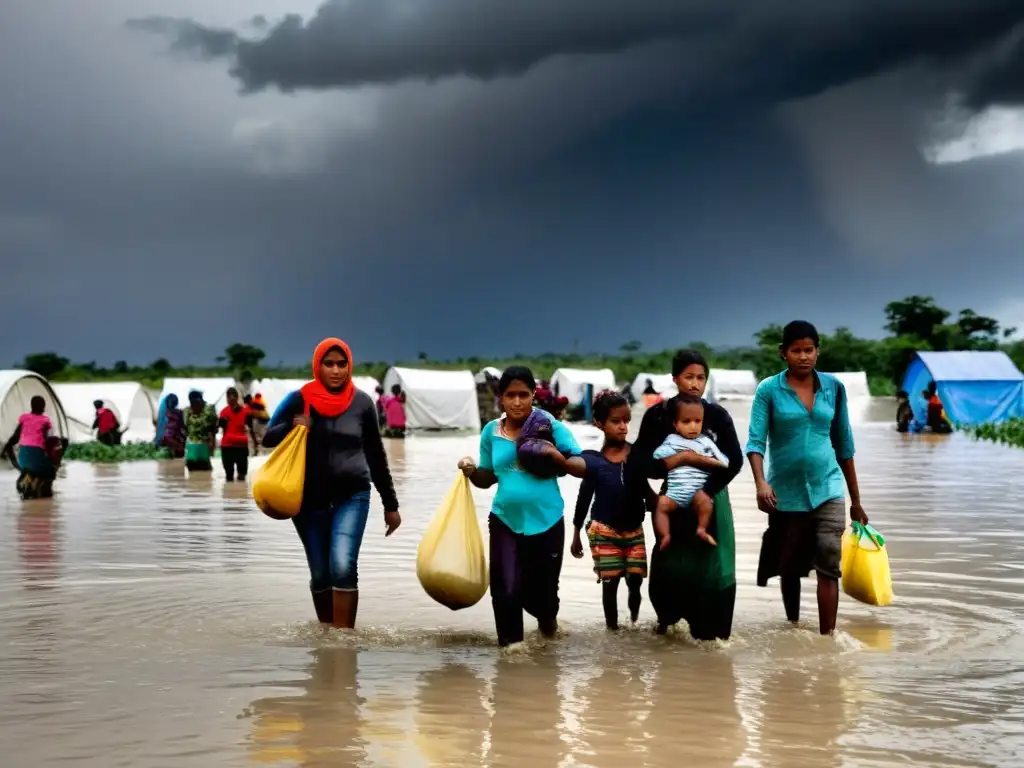 Migración forzada por el clima: grupo de personas y niños cruzando un área inundada con sus pertenencias, reflejando la dura realidad