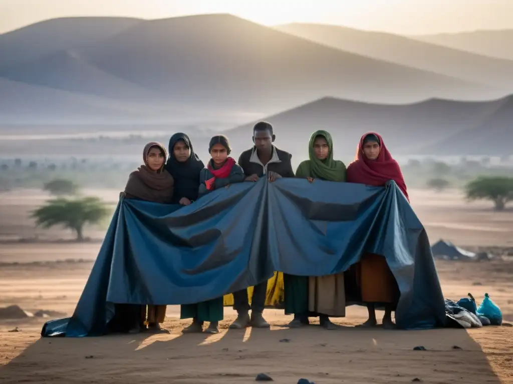 Migración forzada por el clima: refugiados reunidos bajo un toldo, rostros cansados reflejan la incertidumbre en un paisaje devastado