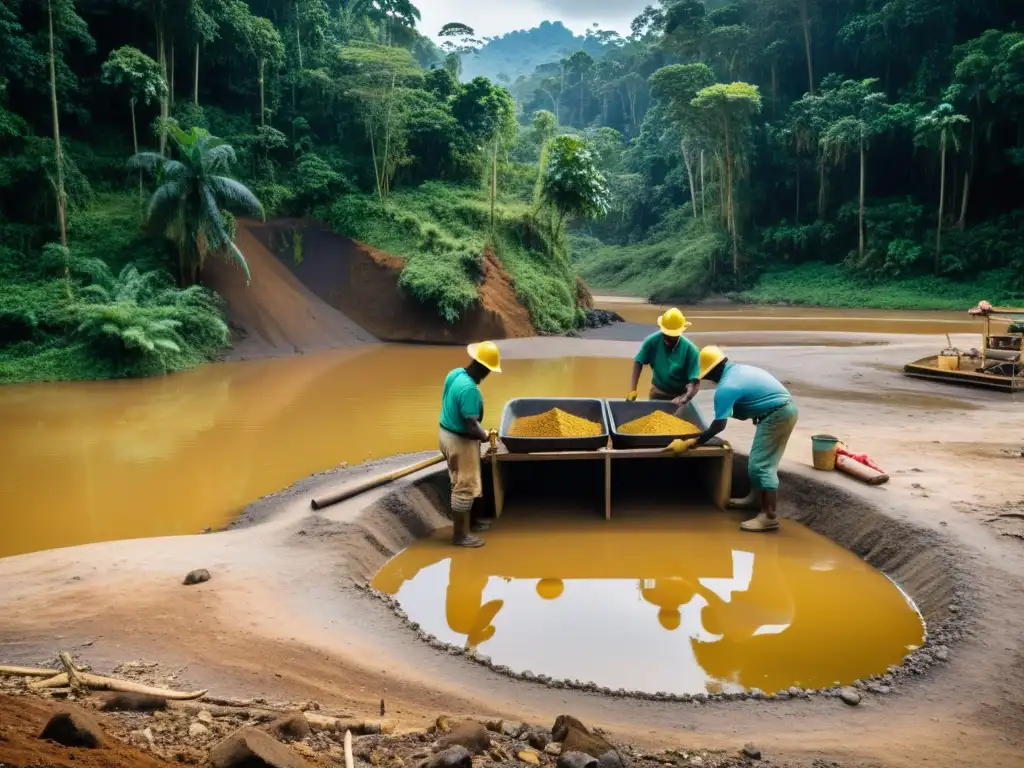 Operación minera de oro a pequeña escala en la selva lluviosa, destacando la violación de derechos humanos y la salud ambiental