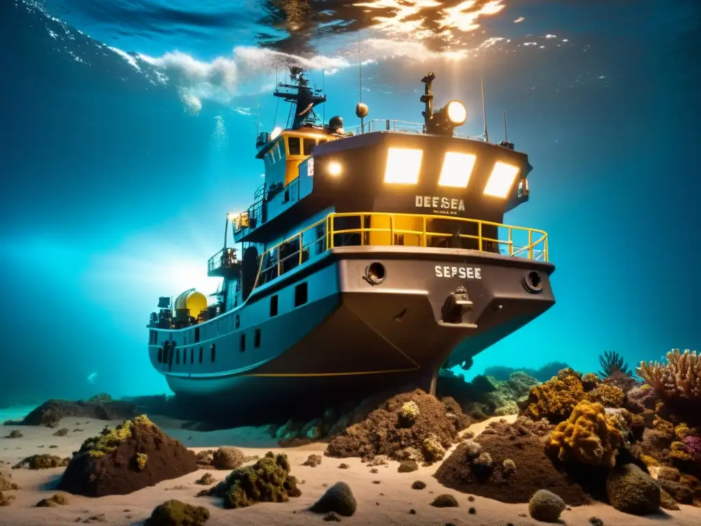 Minería submarina y derechos humanos: buque minero iluminando el oscuro lecho marino mientras extrae recursos, impactando ecosistemas marinos