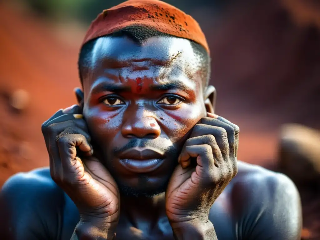 Un minero congoleño con el rostro y las manos cubiertos de polvo rojo de mineral de coltán, trabajando en condiciones difíciles bajo tierra