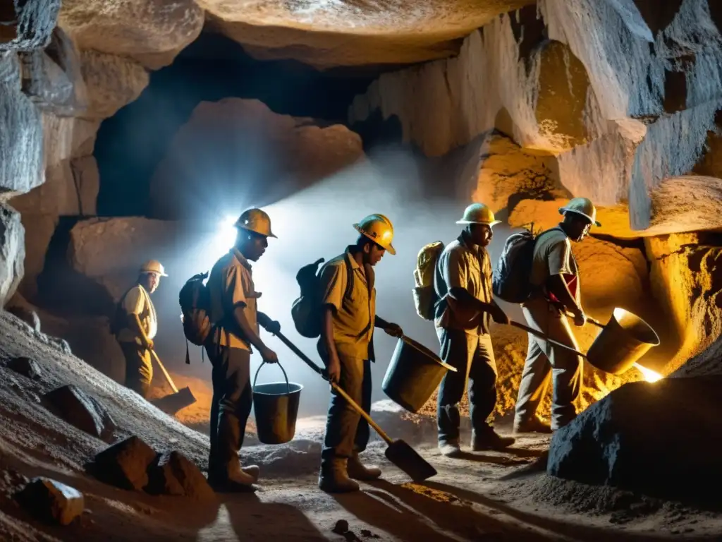 Mineros indígenas trabajan en una oscura mina de plata, rostros sucios, extrayendo mineral con picos y palas