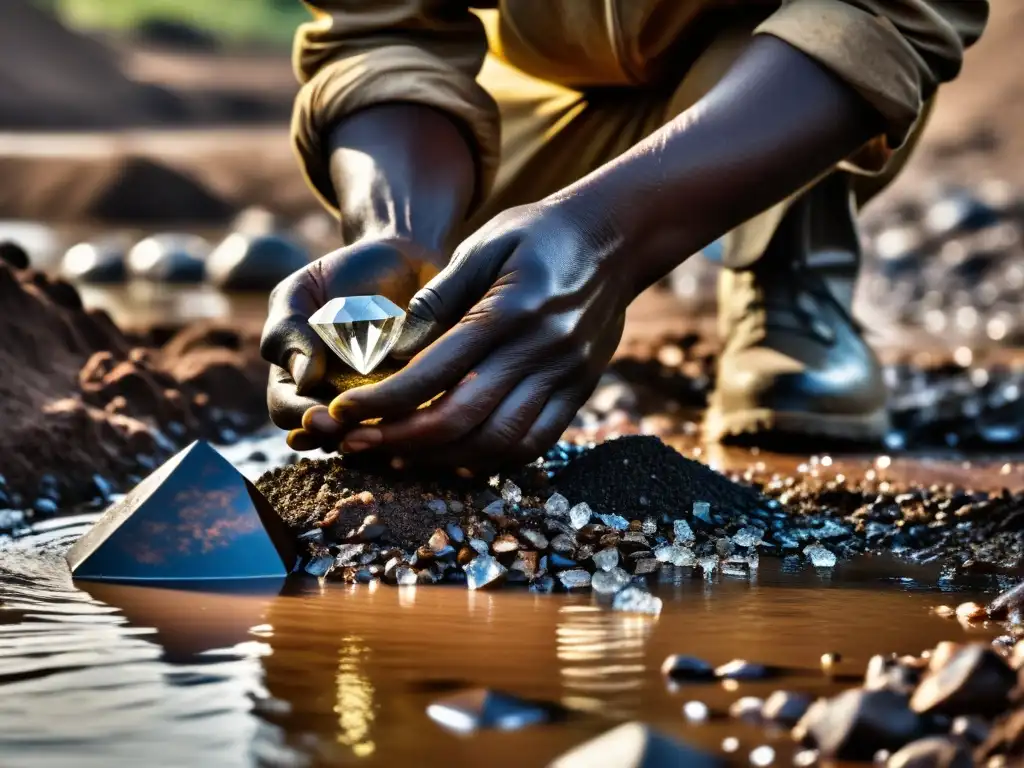 Mineros locales extrayendo un diamante de un lecho de río fangoso