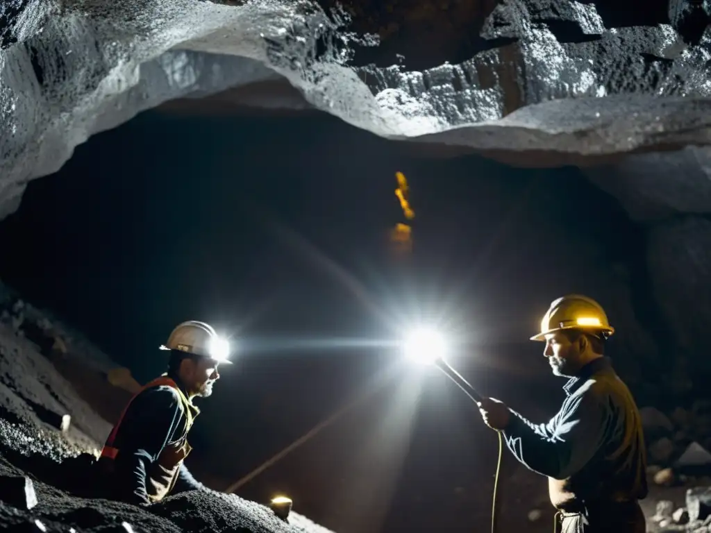 Mineros trabajando en una oscura mina de plata, iluminados por sus lámparas frontales