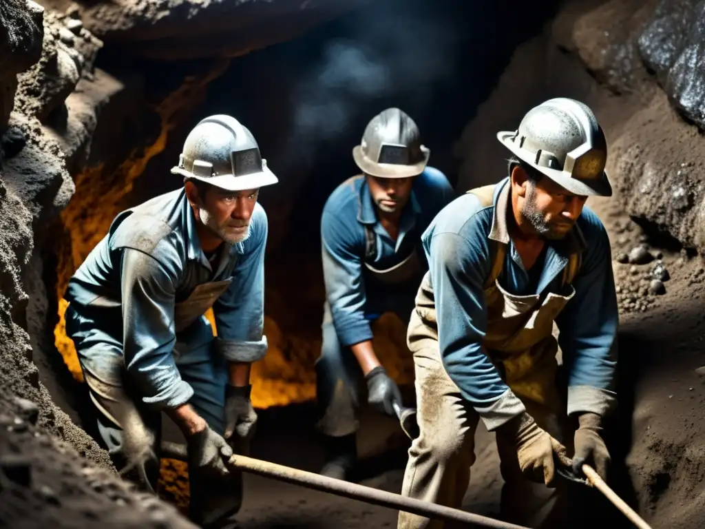 Mineros de plata trabajando en túneles oscuros, rostros sucios, reflejando la explotación de la plata y derechos laborales