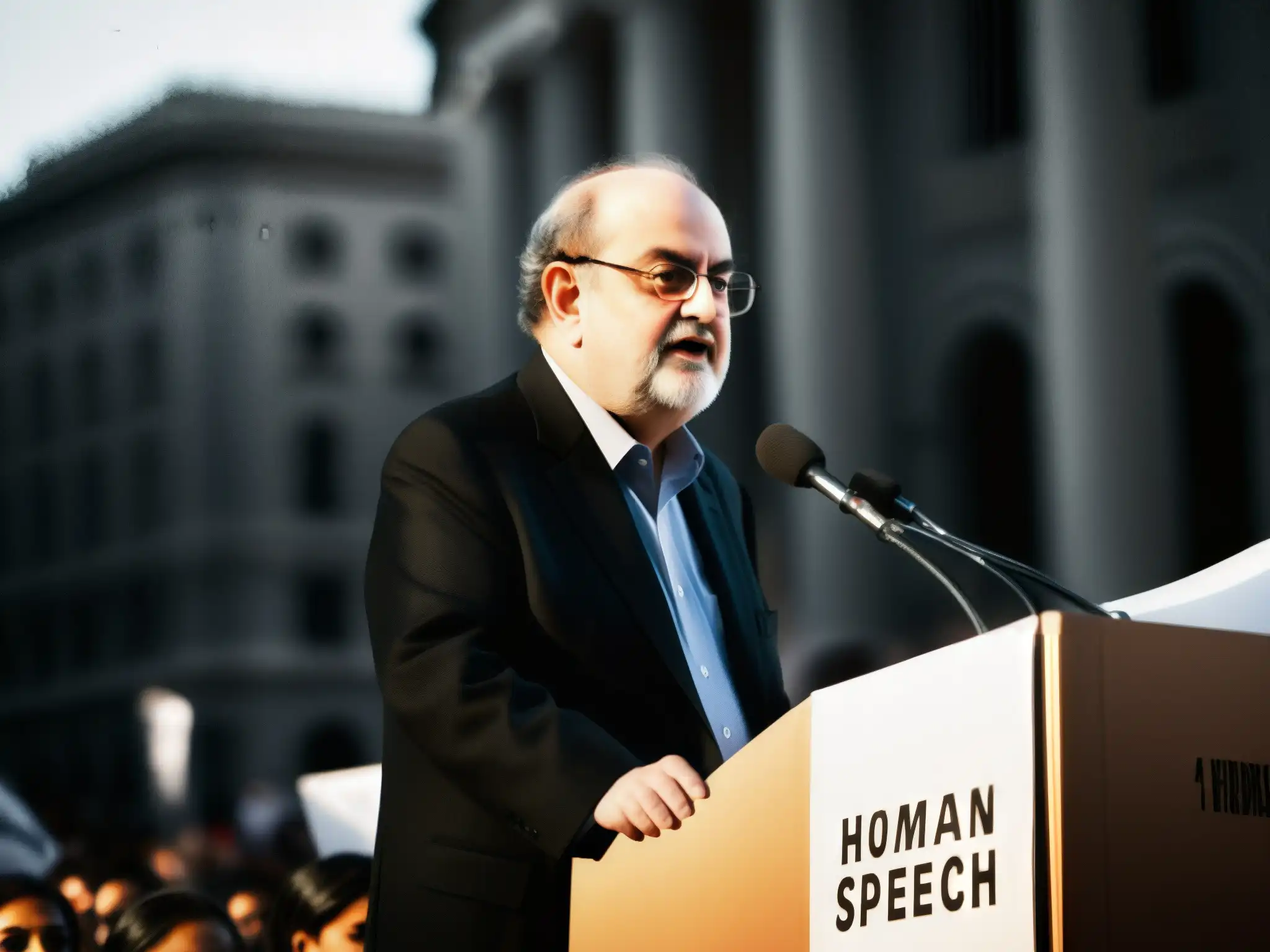 Salman Rushdie destaca en un mitin por los derechos humanos, transmitiendo determinación y resiliencia en la lucha por la libertad de expresión