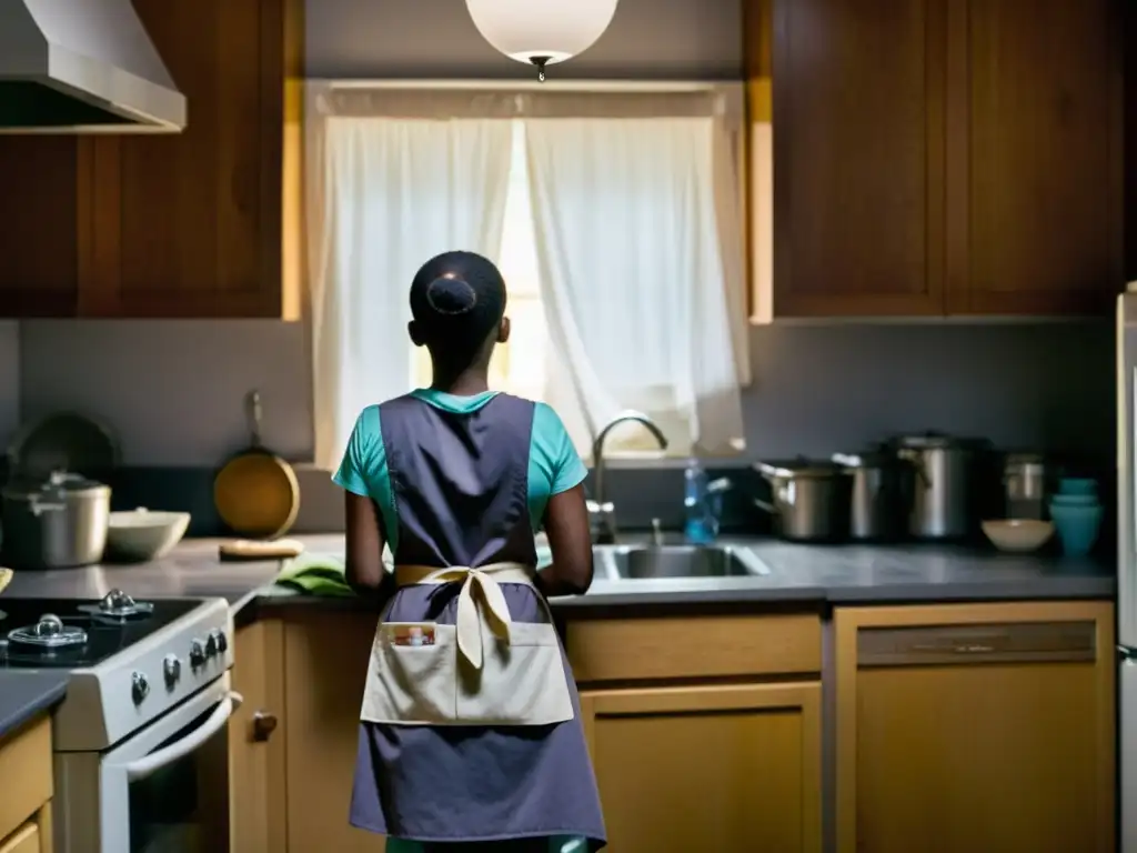 Una mujer agotada en una cocina con montones de trabajo no remunerado, reflejando el impacto del trabajo no remunerado en mujeres