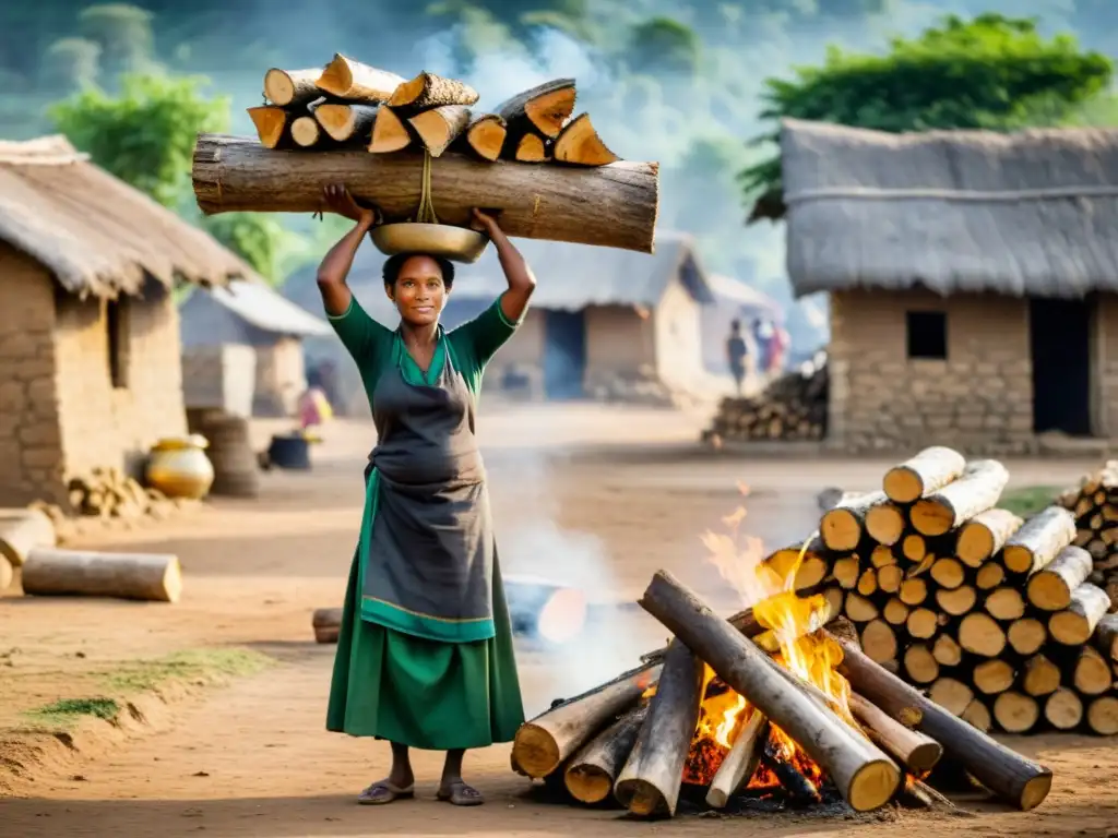 Una mujer en una aldea rural equilibra leña en su cabeza, cuida a un niño y cocina sobre fuego abierto, destacando el impacto del trabajo no remunerado en mujeres