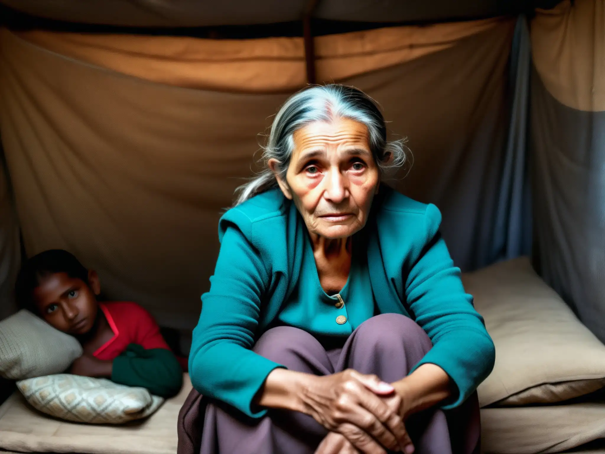 Una mujer anciana con manos curtidas y expresión melancólica en un albergue abarrotado para desplazados internos