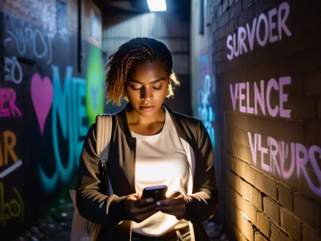 Una mujer en un callejón oscuro, con expresión determinada y el brillo de su teléfono iluminando su rostro