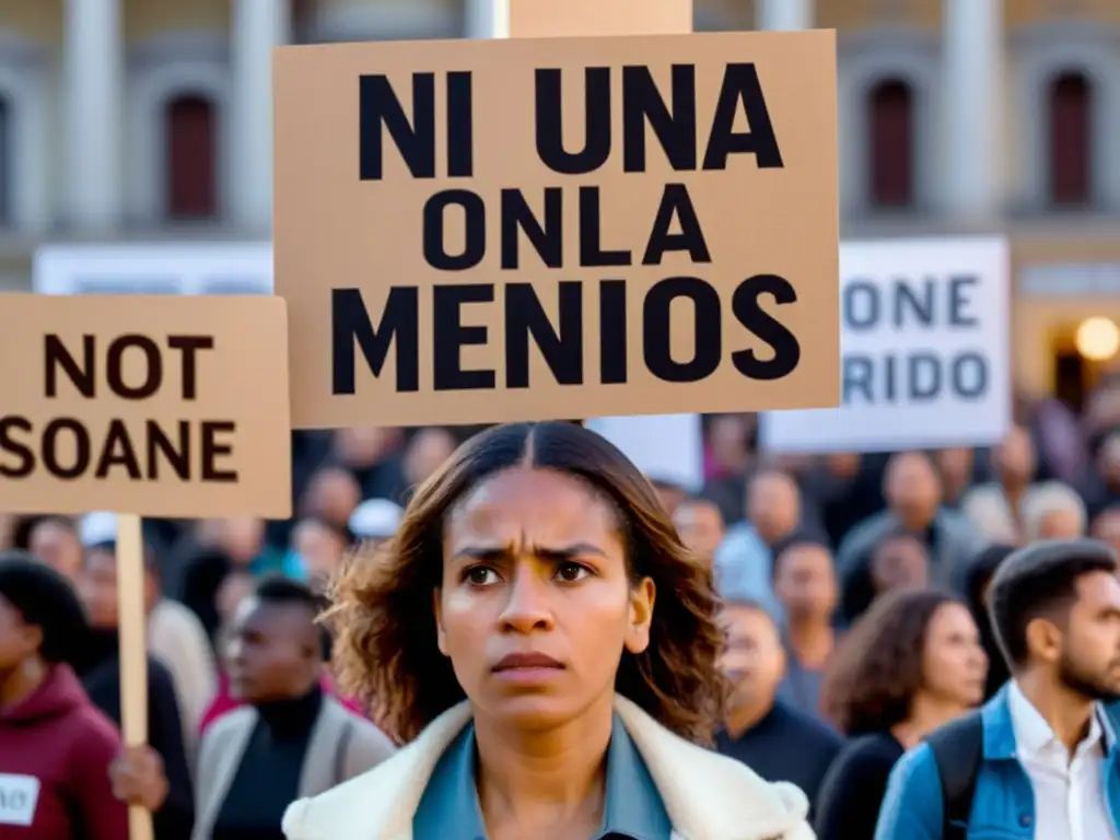 Mujer sosteniendo cartel 'Ni una menos' en plaza llena