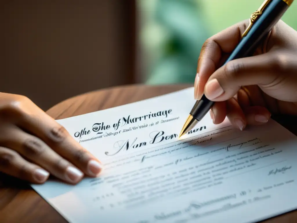 Una mujer firma un certificado de matrimonio con determinación, simbolizando los derechos de las mujeres en el matrimonio