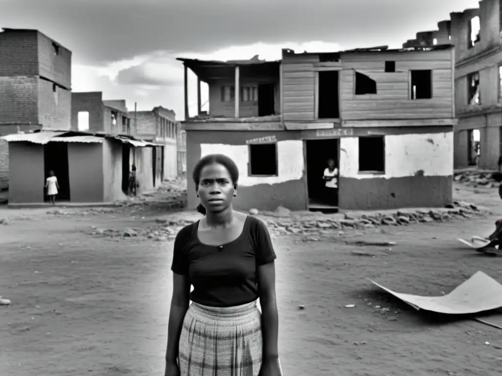 Una mujer de una comunidad marginada, firme frente a la pobreza, rodeada de niños